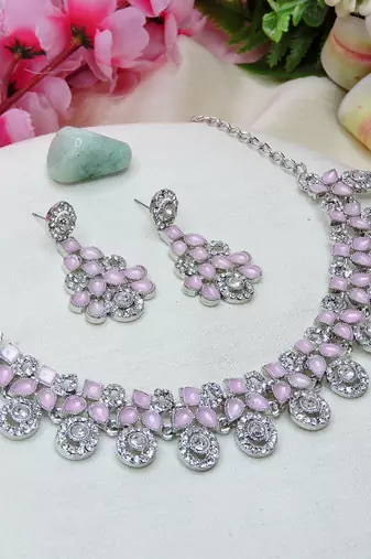 Pink rhodium premium designer american diamond and stone work necklace set
