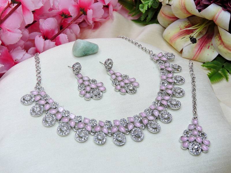 Pink rhodium premium designer american diamond and stone work necklace set