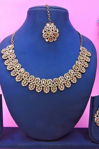 Gold yellow gold premium designer american diamond and stone work necklace set