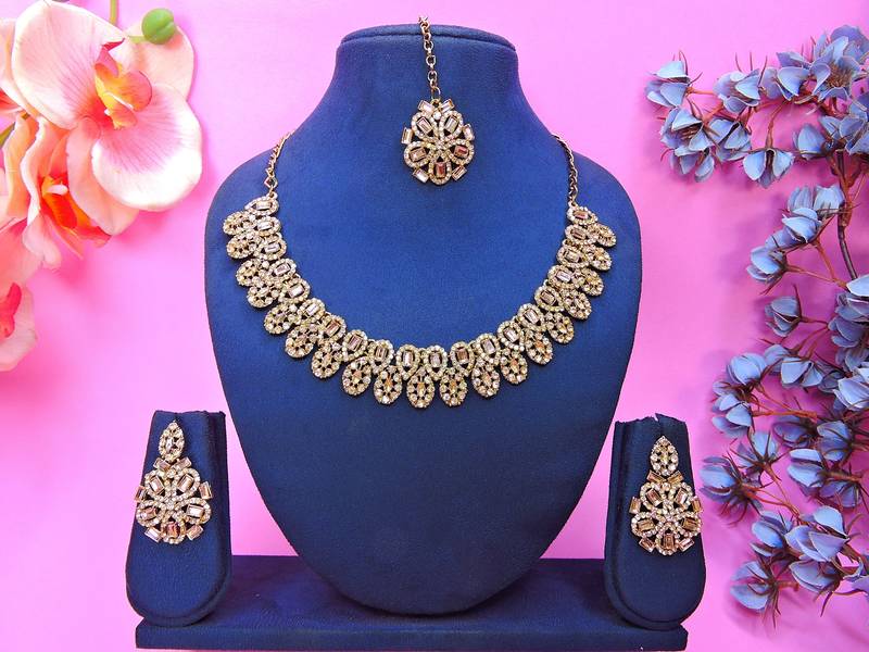 Gold yellow gold premium designer american diamond and stone work necklace set