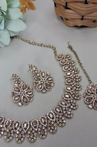 Gold yellow gold premium designer american diamond and stone work necklace set
