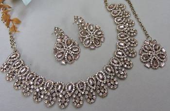 Gold yellow gold premium designer american diamond and stone work necklace set 3