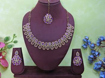 Purple yellow gold premium designer american diamond and stone work necklace set 1