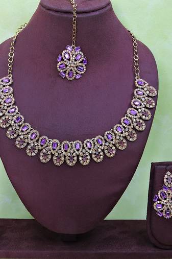 Purple yellow gold premium designer american diamond and stone work necklace set