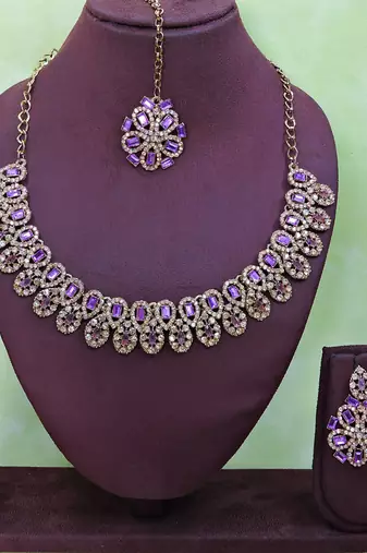 Purple yellow gold premium designer american diamond and stone work necklace set