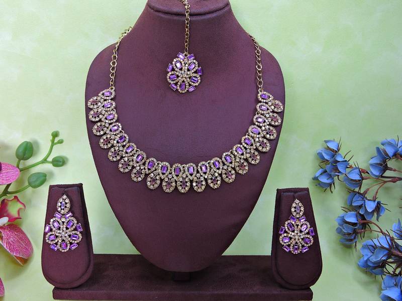 Purple yellow gold premium designer american diamond and stone work necklace set
