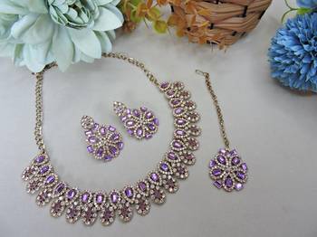 Purple yellow gold premium designer american diamond and stone work necklace set 2