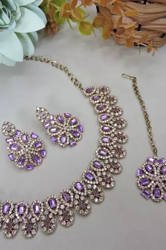 Purple yellow gold premium designer american diamond and stone work necklace set