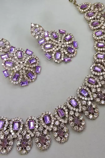 Purple yellow gold premium designer american diamond and stone work necklace set