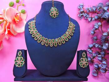 Green yellow gold premium designer american diamond and stone work necklace set 1
