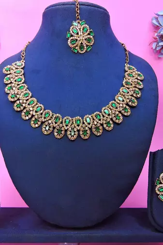 Green yellow gold premium designer american diamond and stone work necklace set