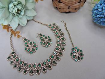 Green yellow gold premium designer american diamond and stone work necklace set 2