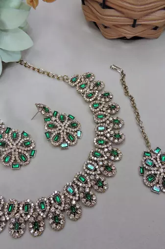 Green yellow gold premium designer american diamond and stone work necklace set