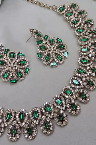 Green yellow gold premium designer american diamond and stone work necklace set