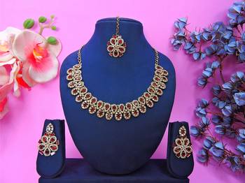 Maroon yellow gold premium designer american diamond and stone work necklace set 1