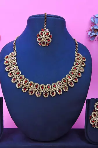 Maroon yellow gold premium designer american diamond and stone work necklace set