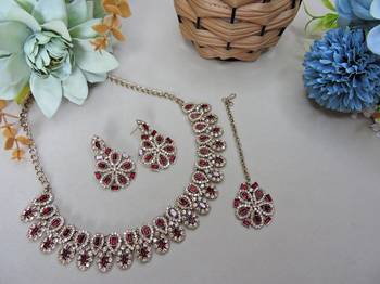 Maroon yellow gold premium designer american diamond and stone work necklace set 2