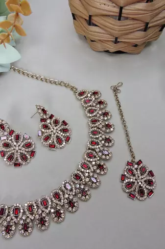 Maroon yellow gold premium designer american diamond and stone work necklace set