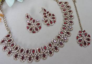 Maroon yellow gold premium designer american diamond and stone work necklace set 3