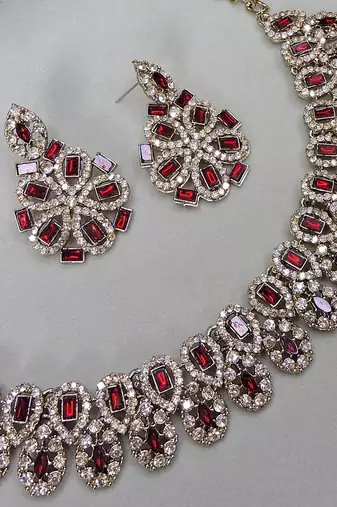 Maroon yellow gold premium designer american diamond and stone work necklace set