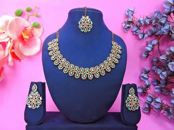 Green yellow gold premium designer american diamond and stone work necklace set 1