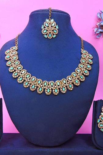 Green yellow gold premium designer american diamond and stone work necklace set