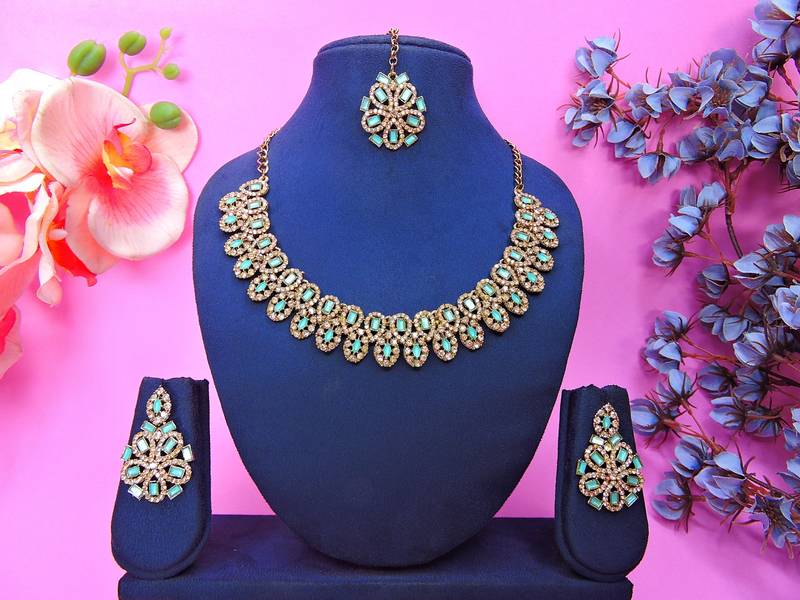 Green yellow gold premium designer american diamond and stone work necklace set