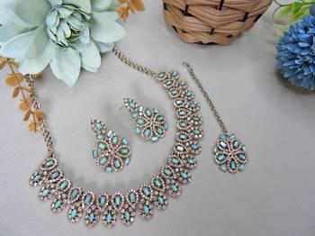 Green yellow gold premium designer american diamond and stone work necklace set 2