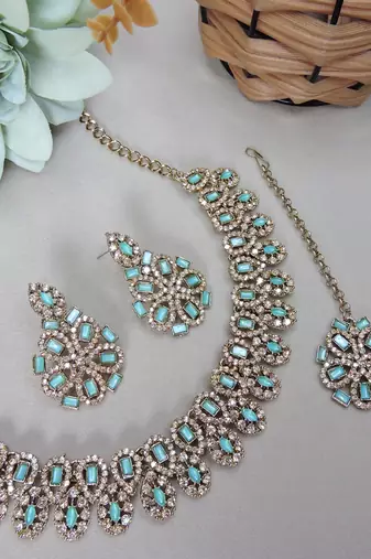 Green yellow gold premium designer american diamond and stone work necklace set