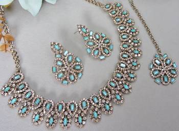 Green yellow gold premium designer american diamond and stone work necklace set 3