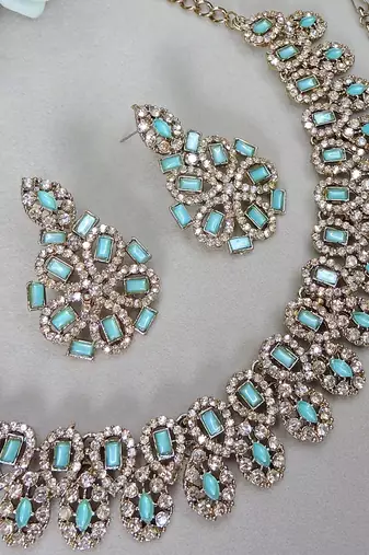 Green yellow gold premium designer american diamond and stone work necklace set