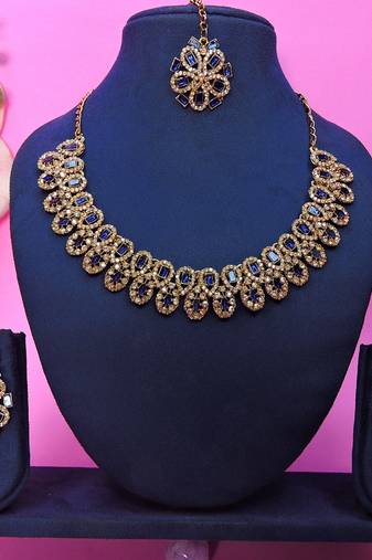 Blue yellow gold premium designer american diamond and stone work necklace set