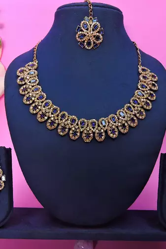 Blue yellow gold premium designer american diamond and stone work necklace set
