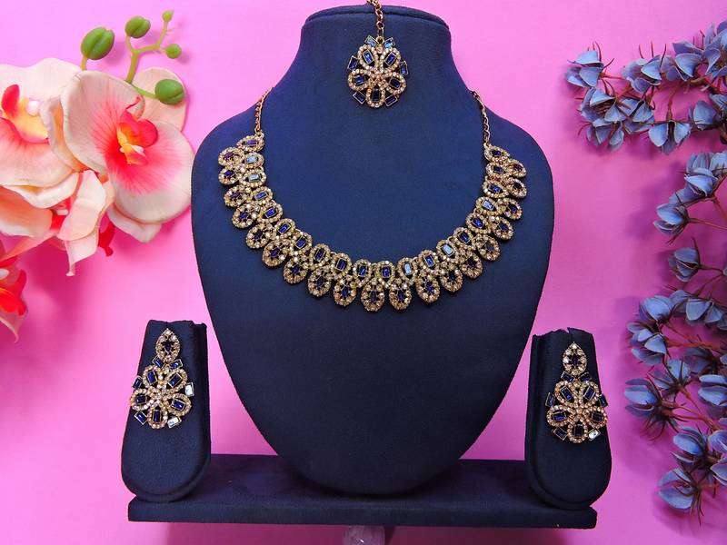 Blue yellow gold premium designer american diamond and stone work necklace set
