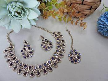 Blue yellow gold premium designer american diamond and stone work necklace set 2