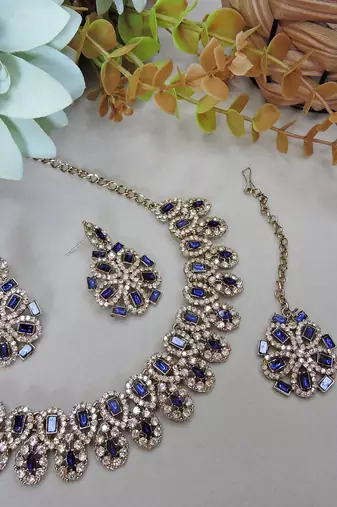Blue yellow gold premium designer american diamond and stone work necklace set