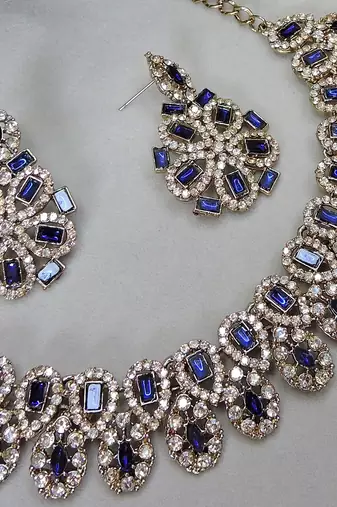 Blue yellow gold premium designer american diamond and stone work necklace set