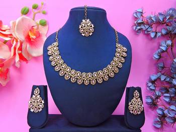 Pink yellow gold premium designer american diamond and stone work necklace set 1