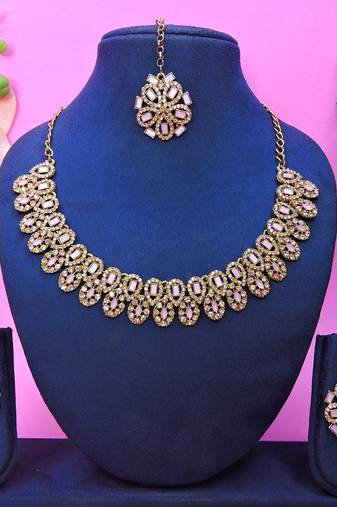 Pink yellow gold premium designer american diamond and stone work necklace set