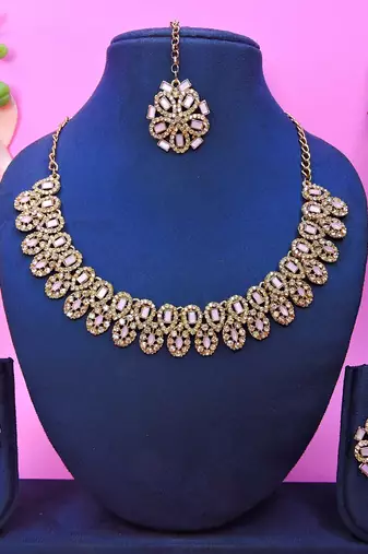 Pink yellow gold premium designer american diamond and stone work necklace set