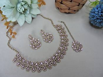 Pink yellow gold premium designer american diamond and stone work necklace set 2