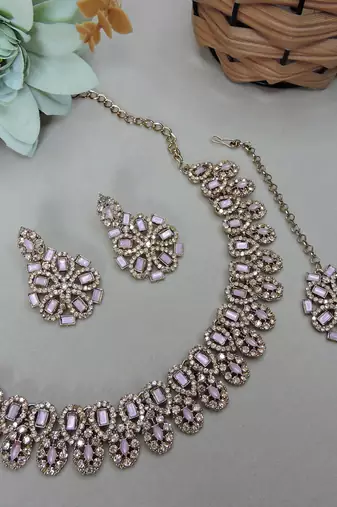 Pink yellow gold premium designer american diamond and stone work necklace set