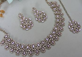 Pink yellow gold premium designer american diamond and stone work necklace set 3