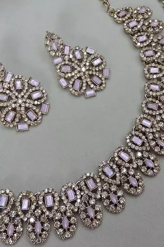 Pink yellow gold premium designer american diamond and stone work necklace set