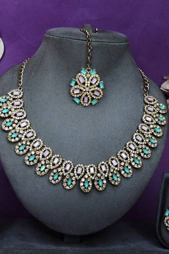 Green yellow gold premium designer american diamond and stone work necklace set