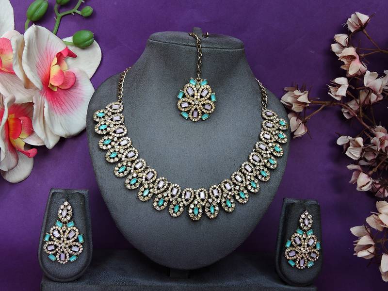 Green yellow gold premium designer american diamond and stone work necklace set