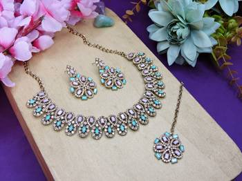 Green yellow gold premium designer american diamond and stone work necklace set 2