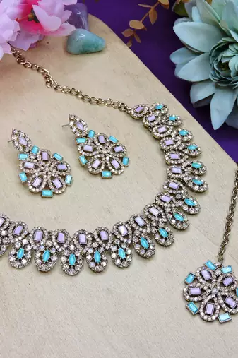 Green yellow gold premium designer american diamond and stone work necklace set