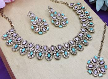 Green yellow gold premium designer american diamond and stone work necklace set 3
