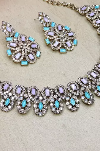 Green yellow gold premium designer american diamond and stone work necklace set